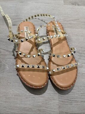 Steve Madden Clear Studded Ankle-Tie Sandals with Tan Footbed